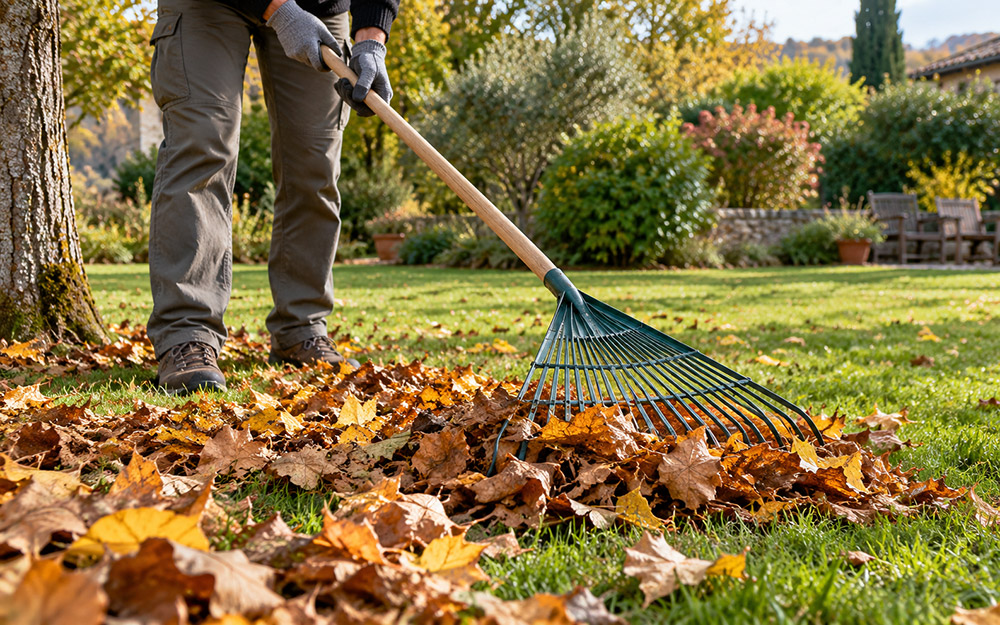 Ramassage des feuilles au râteau sur une pelouse en reprise après l'été